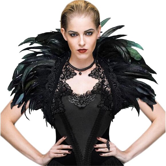 Accessories - Black Feather Shrug Cape Lace Shoulder Wrap for Women Halloween Costumes